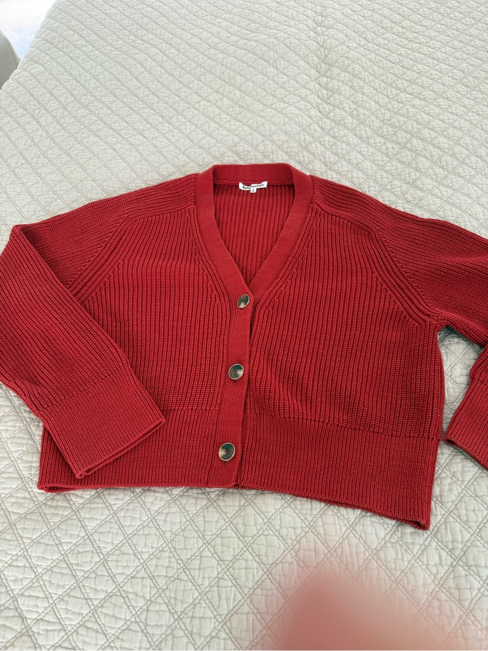 Reformation Crimson Red Ribbed V-Neck Button Cardigan